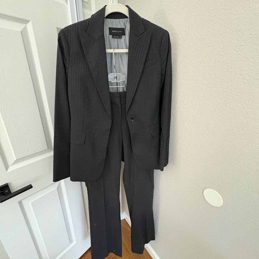 Women's dark grey with blue pinstripe Suit flared pants